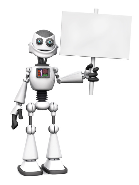 biały uśmiechający się kreskówka robot trzyma znak. - Zdjęcie, obraz