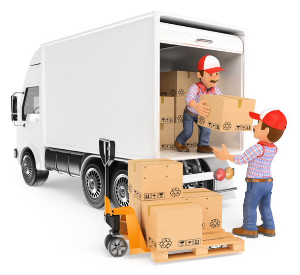 Trabajadores 3D descargando cajas de un camión
 - Foto, Imagen