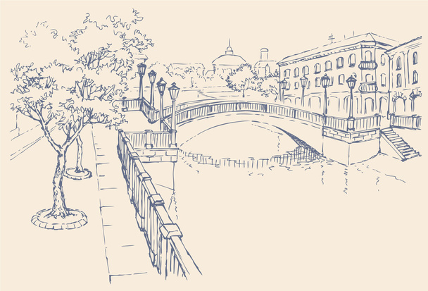 Paysage urbain vectoriel. Maisons sur le canal de la rivière et le pont
 - Vecteur, image