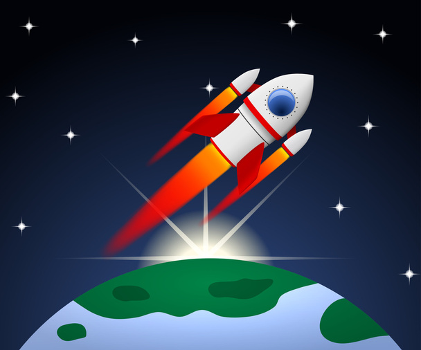Red and white cartoon steel rocket flying on planet background w - Вектор, зображення