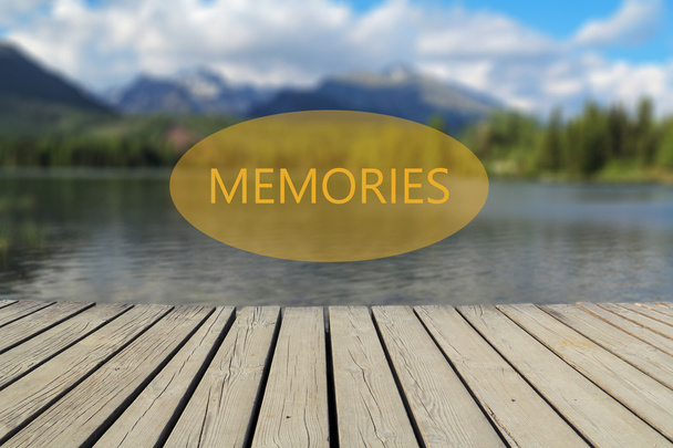 memories text, mountain lake in the background - Photo, Image