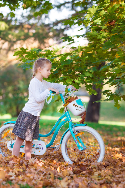Adorable girl riding a bike at beautiful autumn day outdoors - Photo, Image