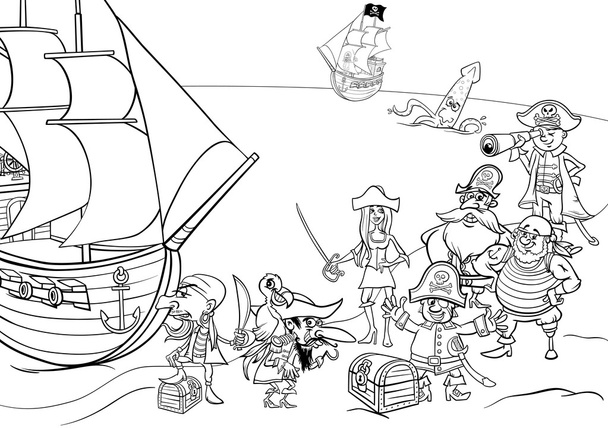 pirates with ship coloring book - Vector, imagen