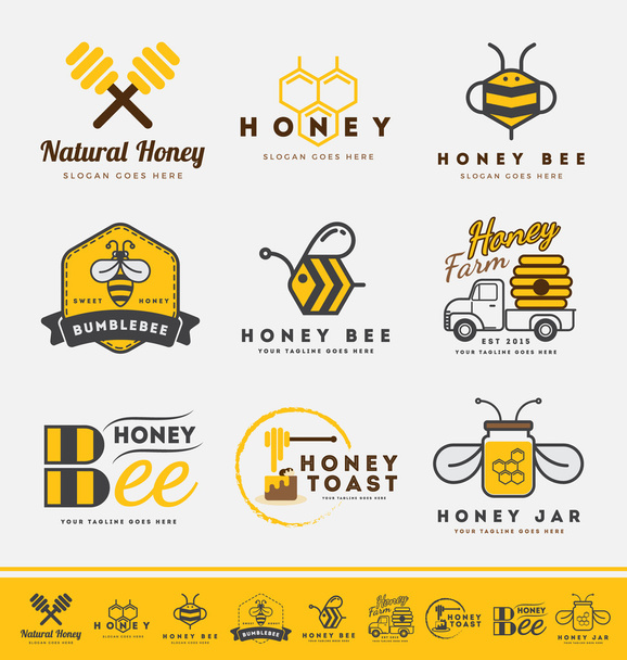 Honigbienen-Logo und Etiketten für Honigprodukte - Vektor, Bild