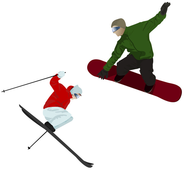 skiër en snowboarder, geïsoleerd op wit - Vector, afbeelding