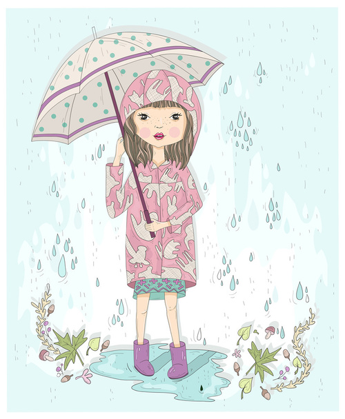 Χαριτωμένο μικρό κορίτσι εκμετάλλευση ομπρέλα. Φθινόπωρο φόντο με βροχή,  - Διάνυσμα, εικόνα