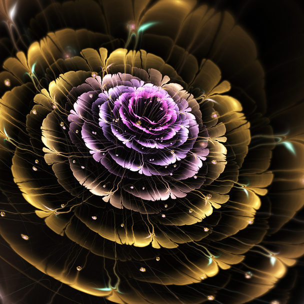 Golden dark fractal flower, digital artwork for creative graphic design - Photo, Image
