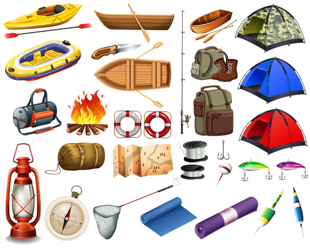 Camping gears and boats - Vector, Image