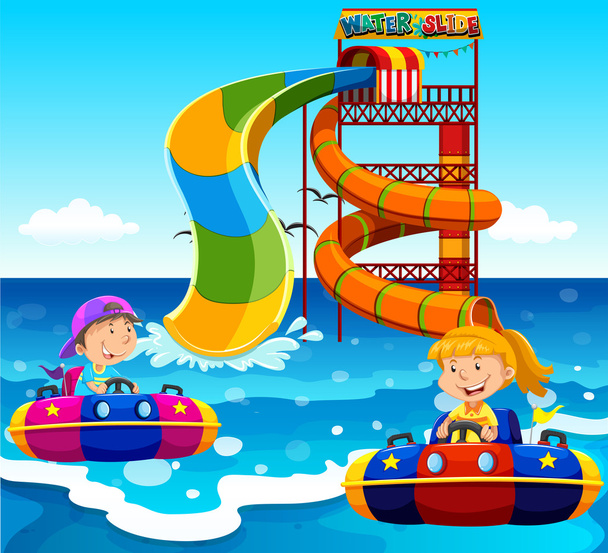 Хлопчик і дівчинка катаються на водяній гірці в океані
 - Вектор, зображення