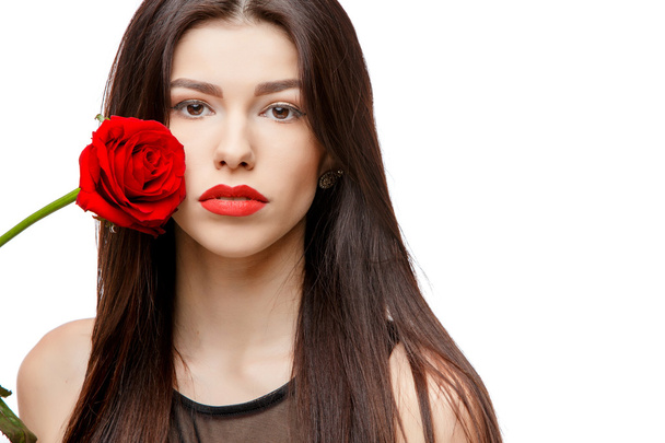 Portrait of beautiful young woman with flowers - Zdjęcie, obraz