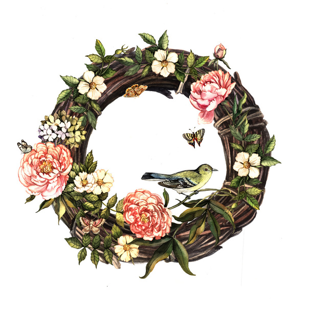wreath with spring flowers and bird - Zdjęcie, obraz