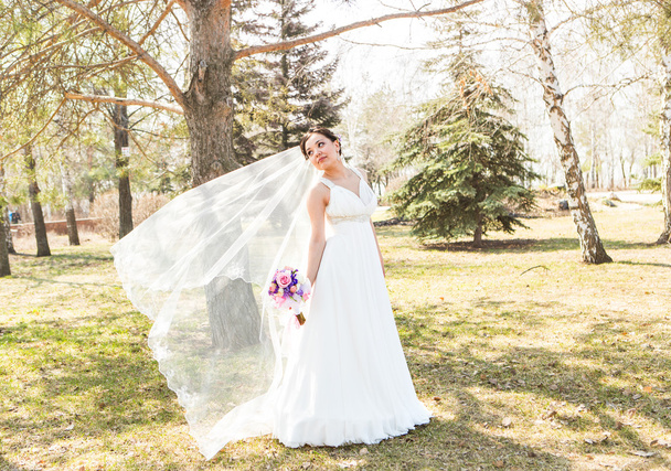 young brunette bride  in the park on nature with a flowing veil. - Photo, Image
