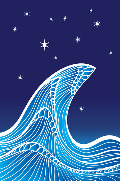 Óceán hatalmas hullám - éjszaka. Fényes magas hullám díszes felület és az égbolt tele csillagokkal. Kék grafikus hullám vektoros illusztráció. Tenger hulláma eléri a csillag. Nagy a víz. Este emelkedik. Erő a természet koncepció. - Vektor, kép