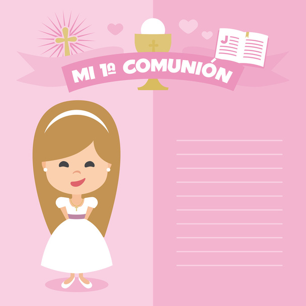 First communion invitation, template. Blonde girl on a pink background. Vector Element Set. Written in Spanish - Vektor, kép