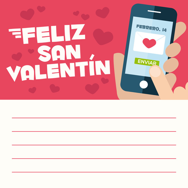 Happy Valentines day card letter. Hand with smart-phone. Send a love message - Vektör, Görsel