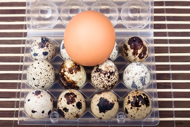Куриное яйцо и перепелиные яйца - Фото, изображение