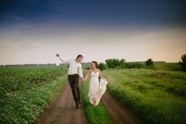 The bride and groom go and smile - Valokuva, kuva