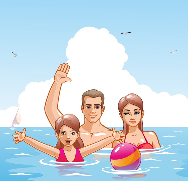 Family with children on sunny ocean beach - Vector, Image