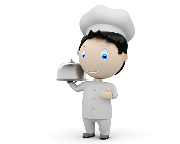 Приятного аппетита! Социальные 3D-персонажи: счастливый улыбающийся повар в униформе с подносом и металлической крышкой. Новая постоянно растущая коллекция выразительных уникальных многофункциональных изображений. Концепция приготовления пищи
 - Фото, изображение
