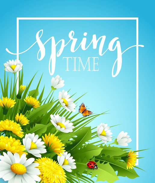 Verse lente achtergrond met gras, paardebloemen en madeliefjes. Vectorillustratie - Vector, afbeelding