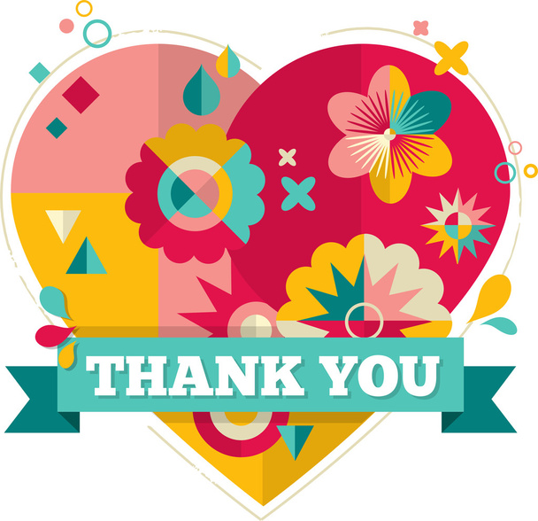 Thank you, card with heart, icons and flowers - Vector, Image