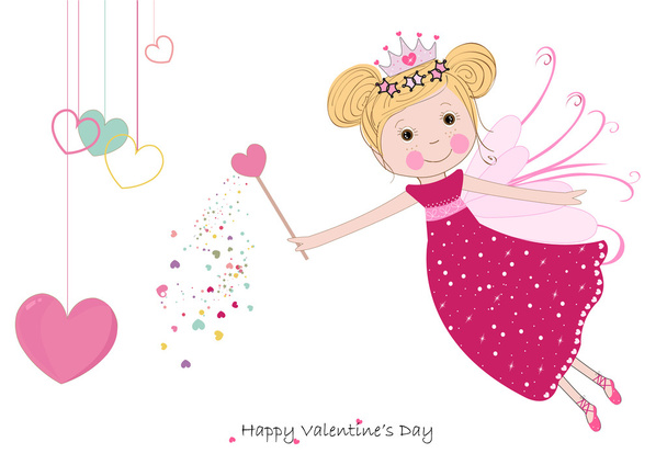 niedliches Märchen mit hängenden Herzen glückliche Valentinstag-Grußkarte - Vektor, Bild