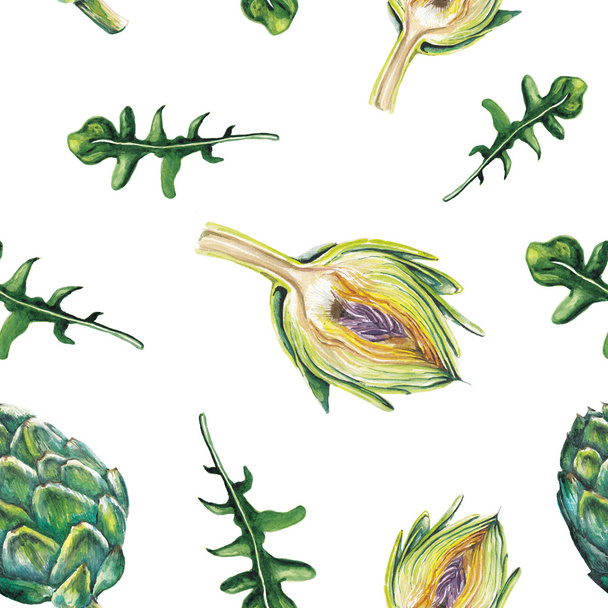 watercolor artichoke and rucola pattern - Foto, afbeelding