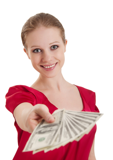 Beautiful cheerful girl in a red blouse holds out a wad of money - Foto, Bild