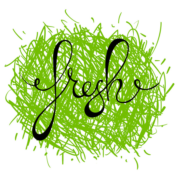 Hand drawn lettering "fresh" on green scribble background.Label, sticker, banner, print, badge, card. Green ecology design.Vector illustration - Διάνυσμα, εικόνα