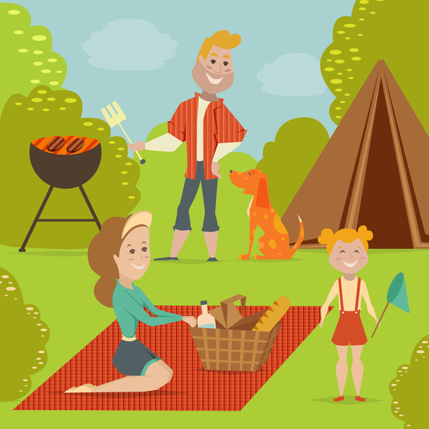 Family picnic. Bbq party concept. Cartoon vector illustration - Vector, Image
