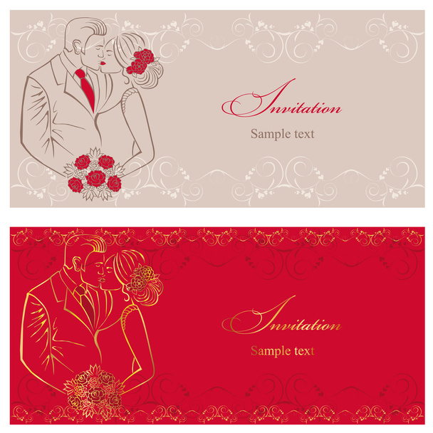 Newlyweds. Couple with wedding bouquet. Wedding invitation. - Vetor, Imagem
