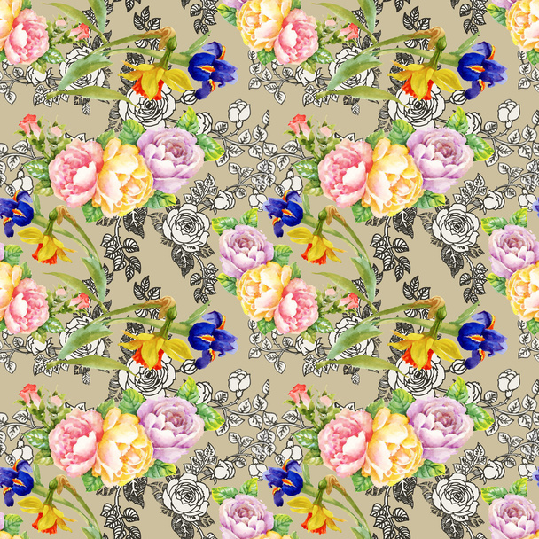irises and roses flowers pattern - Valokuva, kuva