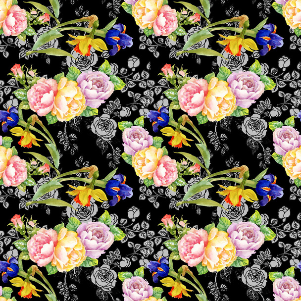 irises and roses flowers pattern - Foto, afbeelding