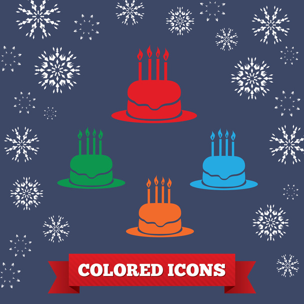 Cake icon. Christmas symbol. Red, blue, green, orange signs on dark blue background with snowflakes. Vector - ベクター画像