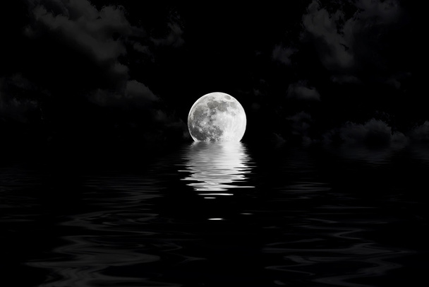 dark full moon in cloud with water reflection closeup showing the details of the lunar - Photo, Image