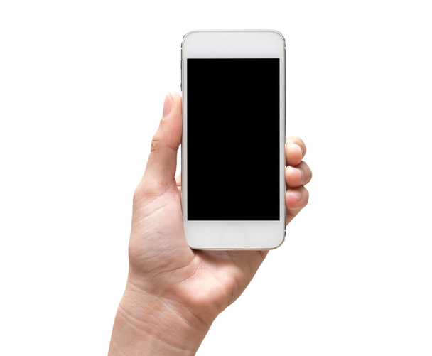 Mano femenina que sostiene la pantalla táctil del teléfono inteligente móvil en blanco bac
 - Foto, Imagen
