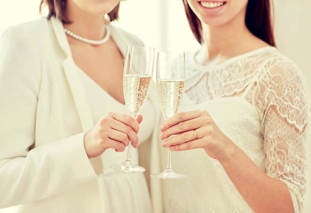close up de casal lésbico com taças de champanhe - Foto, Imagem