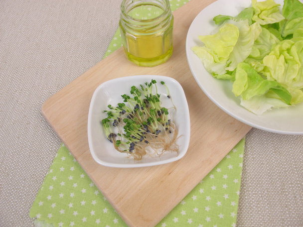 Brotes de albahaca, ensalada y aceite de oliva
 - Foto, imagen