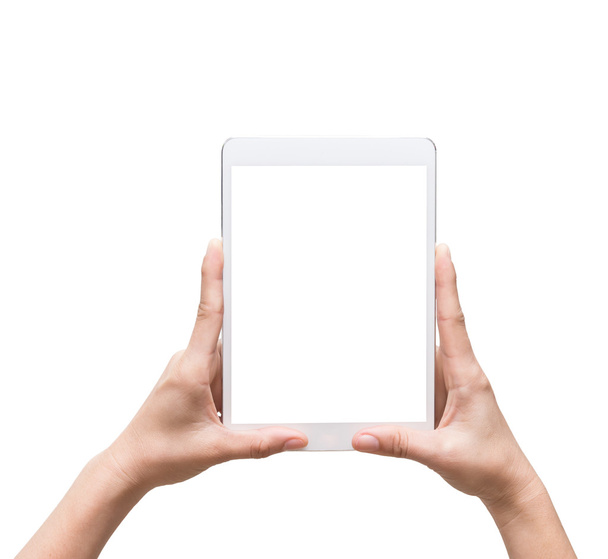 manos femeninas sosteniendo un dispositivo de computadora táctil tableta en bac blanco
 - Foto, Imagen