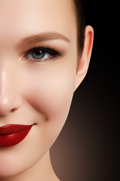 Wellness, cosmetics and chic retro style. Close-up portrait of sensuality beautiful woman model face with fashion make-up and sexy evening red lips makeup. High fashion look - Фото, изображение