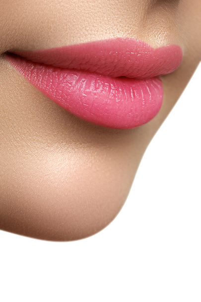 Perfect smile. Beautiful full pink lips. Pink lipstick. Gloss lips. Make-up & Cosmetics - Photo, Image
