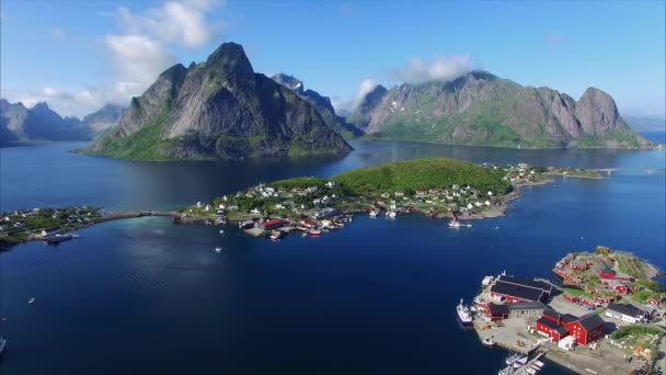 Flying above beautiful town on Lofoten islands - Materiał filmowy, wideo