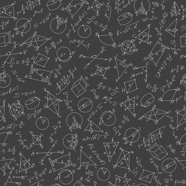 Seamless pattern on the theme of learning and geometry white on a dark background with formulas and graphs - Vector, Image