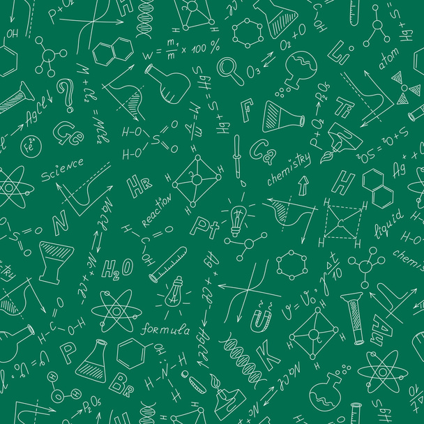 Seamless pattern with formulas,graphs, and equipment as the theme of chemistry in white on a green background - Wektor, obraz