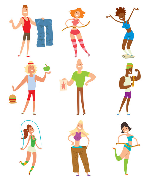 Beauty fitness people weight loss vector cartoon illustration - Vector, Image