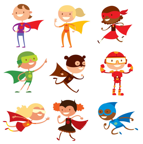 Superhero kids boys and girls cartoon vector illustrationt - Vector, Image