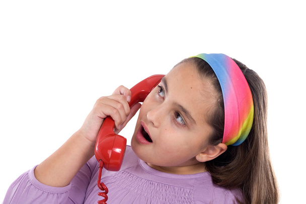 Beautiful girl with red telephone - Foto, Imagen