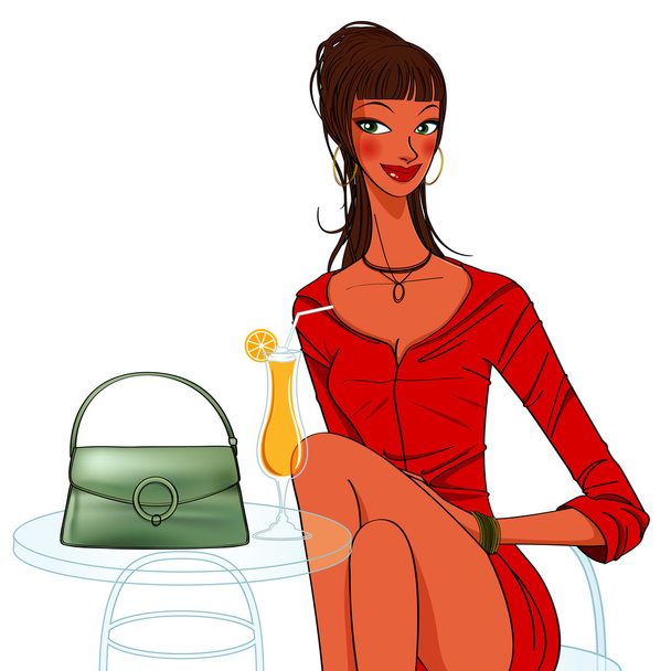 krásná mladá žena, pomerančovou šťávu a kabelka na stole  - Vektor, obrázek