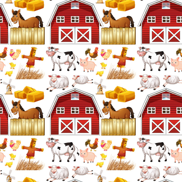 Seamless farm animals and red barn - Vector, Image