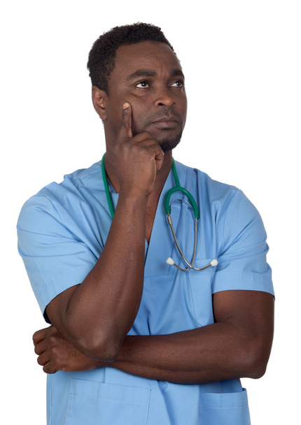 African american doctor with blue uniform thinking - Foto, imagen